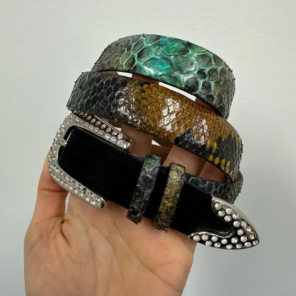 Claudio Orciani Genuine Snakeskin & Suede Leather Western Belt Rhinestone Size S